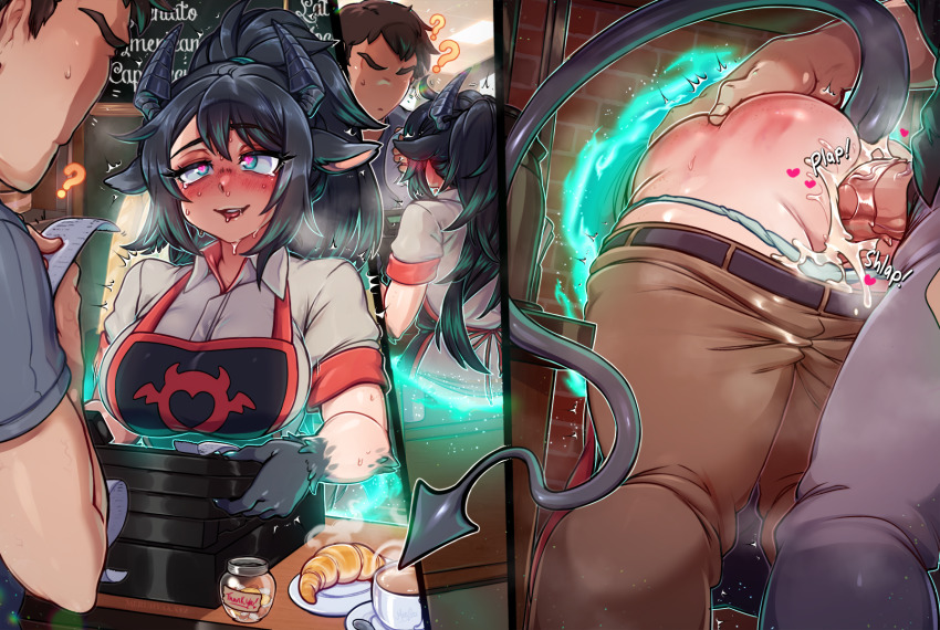 1girl 2boys ? ?? ahegao animal_ears apron aqua_eyes ass_grab barista black_hair black_horns black_skin blush body_fur breasts brown_pants character_request clothed_sex clothes_pull coffee coffee_mug colored_skin commentary croissant cum cum_in_pussy cum_overflow cup dark_penis deep_skin demon_girl demon_tail doggystyle employee_uniform english_commentary faceless faceless_male food full-face_blush glory_wall goat_ears heart heart-shaped_pupils hetero highres horns large_breasts large_penis long_hair merunyaa mug multicolored_skin multiple_boys original panties pants pants_pull panty_pull penis plap ponytail portal_(object) pussy_juice sex sex_from_behind slit_pupils solo_focus spanked stealth_sex sweat symbol-shaped_pupils tail through_wall two-tone_skin uncensored underwear vaginal veins veiny_penis white_fur white_panties