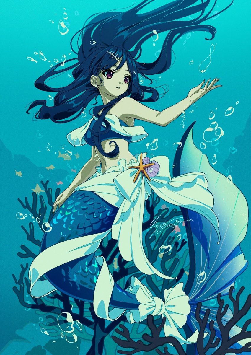 1girl absurdres air_bubble blue_hair blue_theme bubble clam_shell colored_skin coral_reef denonbu earrings floating_hair full_body green_skin hair_ornament hairclip hand_up highres jewelry kisumi_rei long_hair mermaid monster_girl ocean parted_lips pearl_earrings pendant red_eyes ribbon scales seafloor shinonome_kazune solo underwater white_ribbon