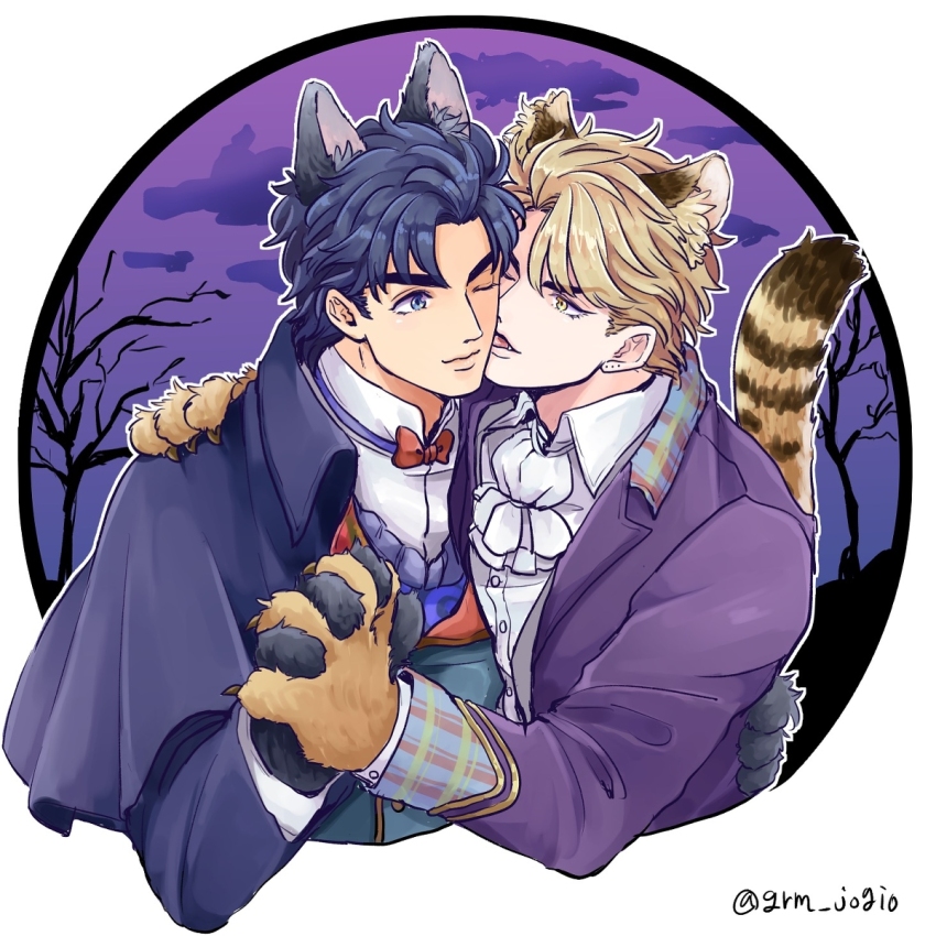 2boys animal_ears animal_hands blonde_hair blue_eyes blue_hair bow bowtie coat commentary_request couple dio_brando ear_birthmark european_clothes fangs grm_jogio highres holding_hands jojo_no_kimyou_na_bouken jonathan_joestar licking licking_another&#039;s_face long_sleeves male_focus multiple_boys muscular one_eye_closed phantom_blood shirt short_hair smile tail tongue tongue_out yaoi yellow_eyes