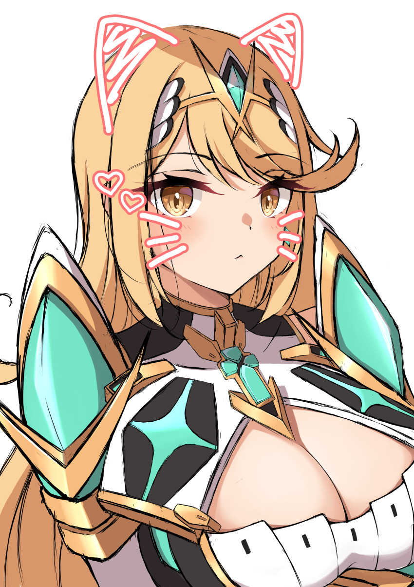 1girl absurdres animal_ears blonde_hair breasts cat_ears circlet cleavage cleavage_cutout closed_mouth clothing_cutout core_crystal_(xenoblade) dress earrings fake_animal_ears fake_whiskers heart highres jewelry large_breasts long_hair looking_at_viewer mikan_(mika_n95) mythra_(xenoblade) simple_background solo swept_bangs upper_body white_background white_dress xenoblade_chronicles_(series) xenoblade_chronicles_2 yellow_eyes