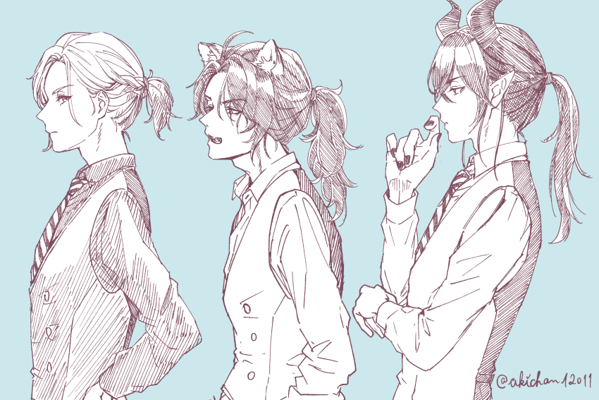 3boys animal_ears blue_background commentary_request dragon_boy dragon_horns highres horns leona_kingscholar lion_boy lion_ears looking_at_viewer male_focus malleus_draconia multiple_boys night_raven_college_uniform pointy_ears ponytail short_ponytail simple_background twisted_wonderland ukichan12011 vil_schoenheit