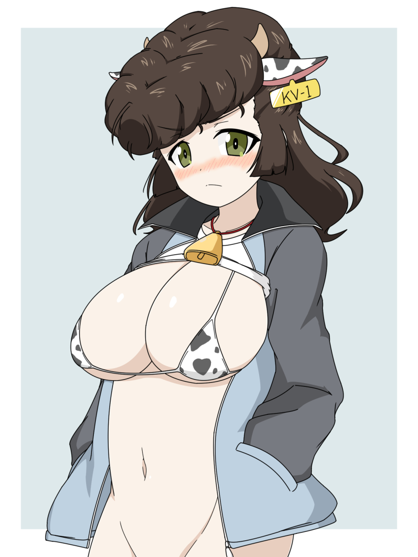 1girl animal_ears animal_print bell bikini bikini_top_only blue_jacket blush bottomless brown_hair cleft_of_venus closed_mouth clothes_lift commentary cow_ears cow_horns cow_print ear_tag fake_animal_ears fake_horns frown girls_und_panzer green_eyes grey_background hands_in_pockets highres horns ichinose_jun jacket keizoku_military_uniform long_hair long_sleeves looking_at_viewer micro_bikini military_uniform navel neck_bell open_clothes open_jacket pompadour print_bikini raglan_sleeves shirt_lift solo standing swimsuit track_jacket white_bikini white_undershirt yuri_(girls_und_panzer)