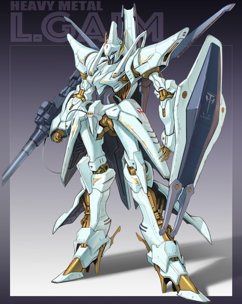 absurdres arm_mounted_weapon arm_shield arms_at_sides border clenched_hand commentary_request copyright_name fading_border five_star_stories full_body gradient_background highres juusenki_l-gaim l-gaim maeda_hiroyuki mecha mecha_focus no_humans open_hand outside_border redesign robot science_fiction shadow solo standing text_background yellow_eyes