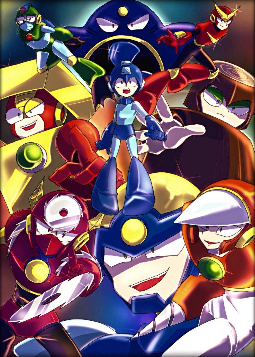 6+boys air_man android arm_cannon armor bubble_man commentary_request crash_man drill_hand flash_man grin heat_man helmet highres itasazameart lighter mega_man_(character) mega_man_(classic) mega_man_(series) mega_man_2 metal_man multiple_boys propeller quick_man robot scared science_fiction smile surprised surrounded weapon wood_man