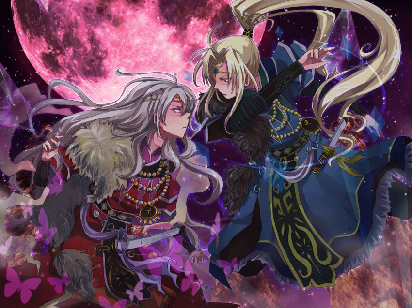 2boys arm_guards backlighting bad_proportions belt blonde_hair blue_(saga_frontier) blue_eyes bug butterfly dagger em_crazy expressionless eye_contact fur_collar fur_trim insect jewelry knife long_hair looking_at_another magic male_focus moon multiple_boys necklace night night_sky ponytail profile red_eyes red_moon rouge_(saga_frontier) saga saga_frontier scarf sheath sheathed siblings sky sparkle tabard twins weapon white_hair