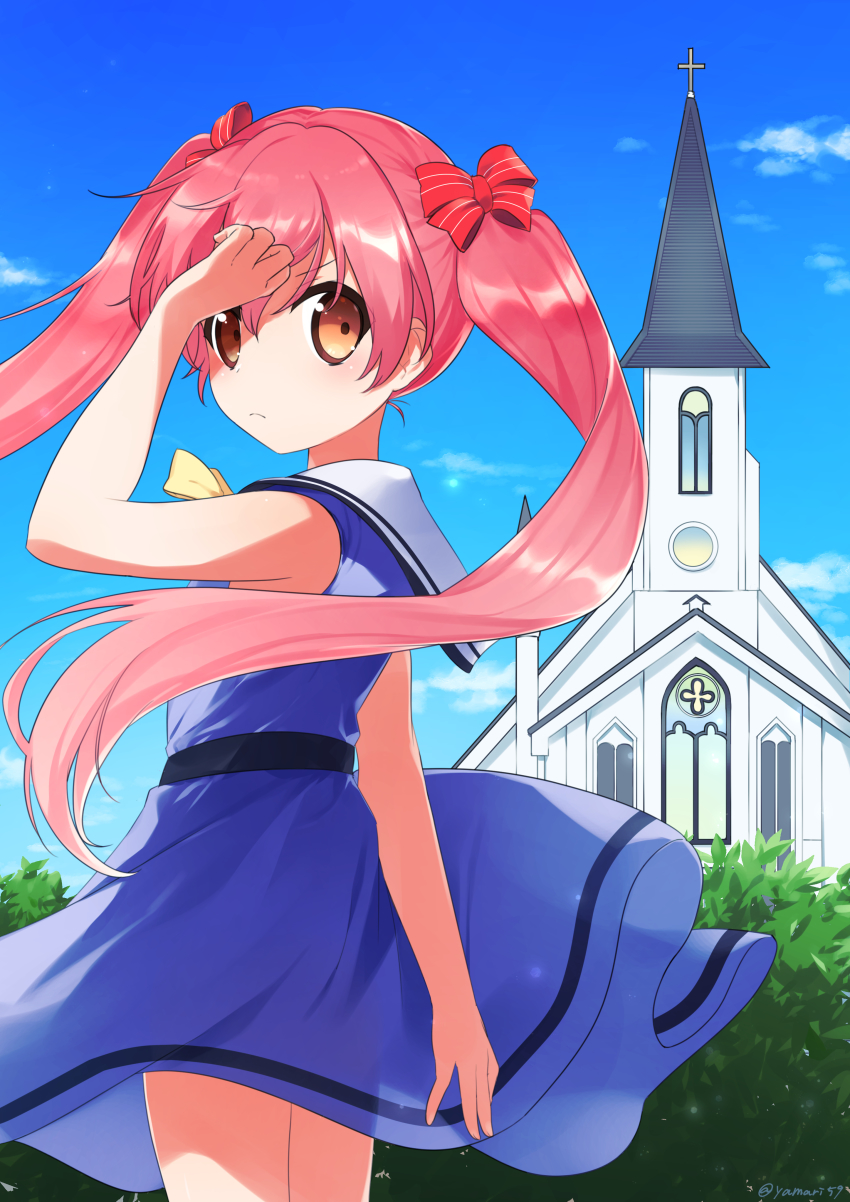 1girl absurdres arm_behind_back arm_up blue_dress brown_eyes church cloud dress dress_tug emanuella_porlallora from_behind hentai_ouji_to_warawanai_neko. highres long_hair looking_back mari_(rodoney-kiara) outdoors pink_hair ribbon sky sleeveless sleeveless_dress solo sundress thighs twintails wind wind_lift