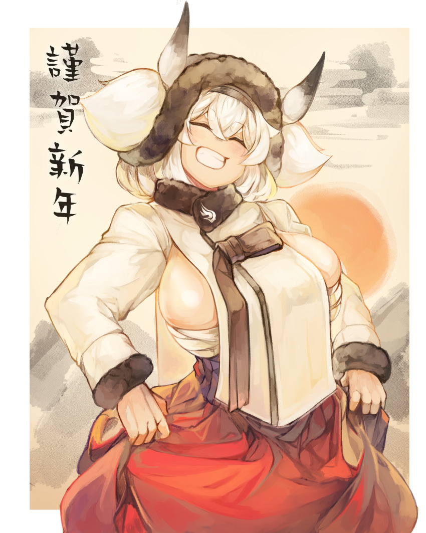 1girl absurdres alvis_(last_origin) bandaged_chest beige_background breasts closed_eyes cloud eyelashes female_focus grin hair_between_eyes happy_new_year hat highres horn japanese_clothes japanese_text large_breasts larribee last_origin long_sleeves miko new_year shiny_skin short_hair sideboob skindentation smile solo standing sun thick_eyebrows white_hair