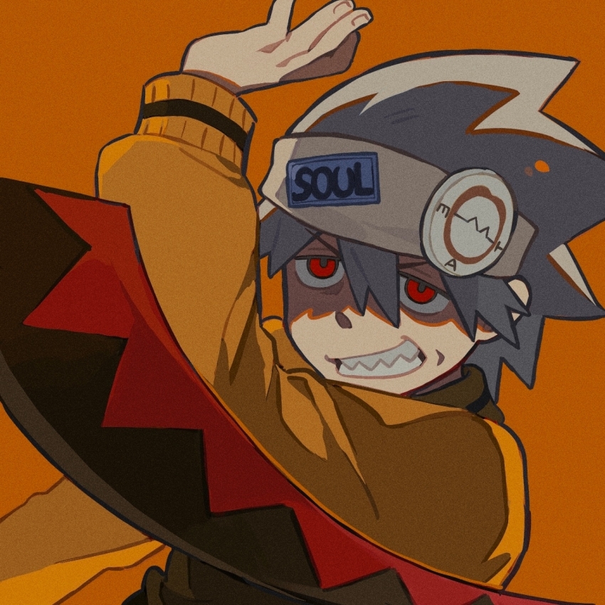 1boy arm_up film_grain grey_hair grey_headband grin hair_between_eyes headband highres jacket long_sleeves male_focus orange_background red_eyes rice_(somasuki_77) sanpaku simple_background smile solo soul_eater soul_evans spiked_hair upper_body v-shaped_eyebrows yellow_jacket
