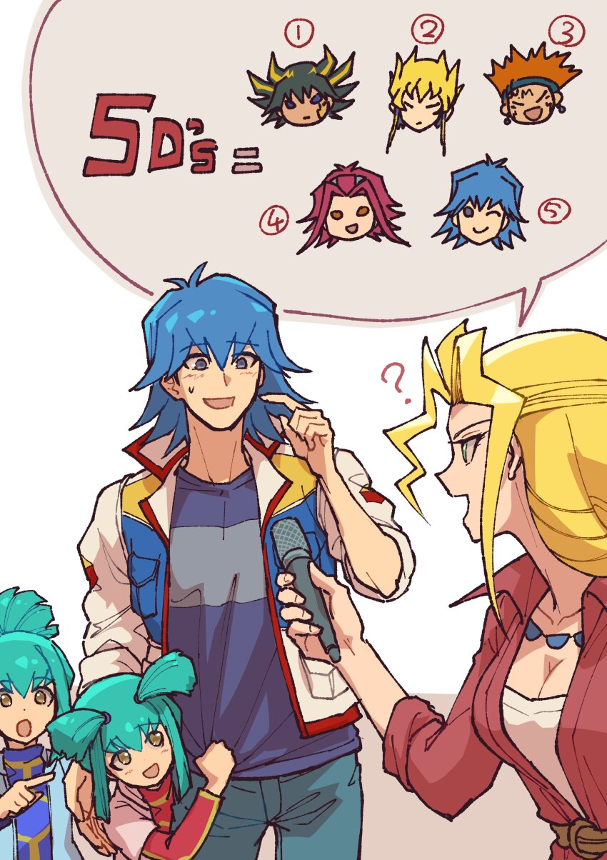 3girls 6+boys :o ? absurdres angela_(yu-gi-oh!) bead_necklace beads belt black_hair blonde_hair blue_eyes blue_hair blue_hairband blue_pants blue_shirt breasts brown_eyes bruno_(yu-gi-oh!) chibi chibi_inset child cleavage closed_eyes crow_hogan denim earrings expressionless facial_mark floating_earring fudo_yusei green_eyes green_hair hairband hand_on_another&#039;s_back happy high_collar high_ponytail highres holding holding_microphone interview izayoi_aki jack_atlas jacket jeans jewelry layered_sleeves long_sleeves lua_(yu-gi-oh!) luca_(yu-gi-oh!) medium_breasts microphone multicolored_hair multiple_boys multiple_girls necklace numbered one_eye_closed open_clothes open_jacket open_mouth orange_hair pants pointing pointing_at_another pointing_at_self ponytail red_eyes red_hair red_jacket red_shirt reporter ringlets serious shirt short_hair short_twintails sidelocks simple_background sleeves_rolled_up smile speech_bubble spiked_hair streaked_hair sweatdrop t-shirt twintails two-tone_background white_jacket white_shirt youko-shima yu-gi-oh! yu-gi-oh!_5d&#039;s