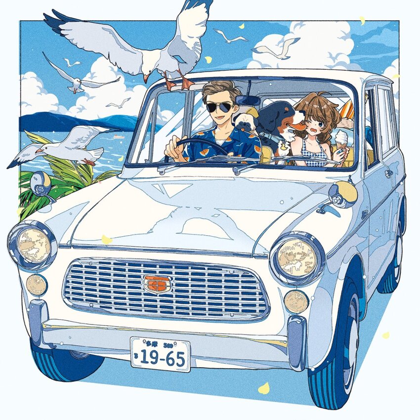 1boy 1girl animal_collar aviator_sunglasses bird blue_eyes blue_sky braid brown_hair car cloud cloudy_sky collar dog driving food gingham_dress hawaiian_shirt highres holding holding_food ice_cream keishin license_plate long_hair motor_vehicle mountainous_horizon one_eye_closed open_mouth original palm_tree pug seagull shirt short_hair sky smile sunglasses tree twin_braids white_shirt