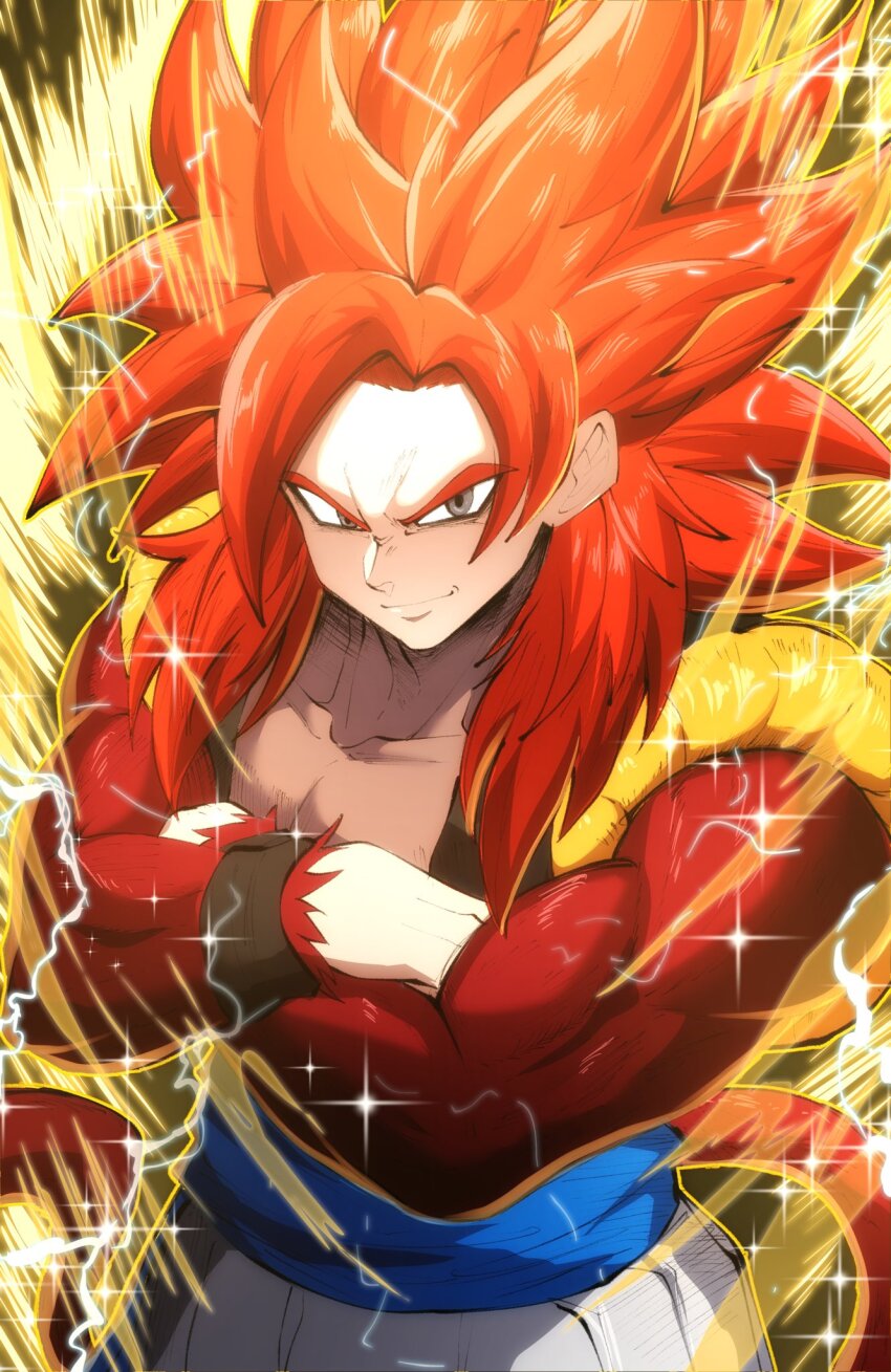 1boy aura black_vest body_fur brown_fur crossed_arms dragon_ball dragon_ball_gt electricity gogeta highres long_hair male_focus metamoran_vest open_clothes open_vest red_hair solo spiked_hair super_saiyan super_saiyan_4 thatamaan vest white_vest