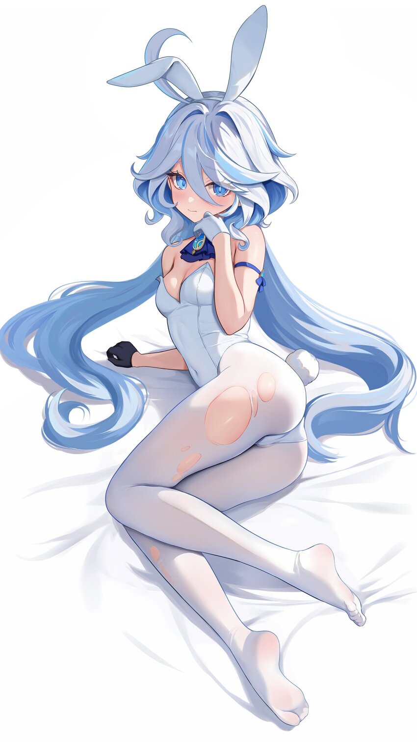 1girl ahoge animal_ear_hairband animal_ears ascot ass asymmetrical_gloves bare_shoulders bed_sheet black_gloves blue_ascot blue_eyes blue_gemstone blue_hair blue_pupils blush breasts cleavage closed_mouth commentary_request covered_navel drop-shaped_pupils fake_animal_ears fake_tail furina_(genshin_impact) gem genshin_impact gloves hair_between_eyes hairband hand_up heterochromia highres leotard long_hair lying medium_breasts mismatched_gloves multicolored_hair on_side pantyhose playboy_bunny rabbit_ears rabbit_tail rrr_gns_(riuriu_1212) solo strapless strapless_leotard streaked_hair symbol-shaped_pupils tail torn_clothes torn_pantyhose very_long_hair white_gloves white_hair white_hairband white_leotard white_pantyhose