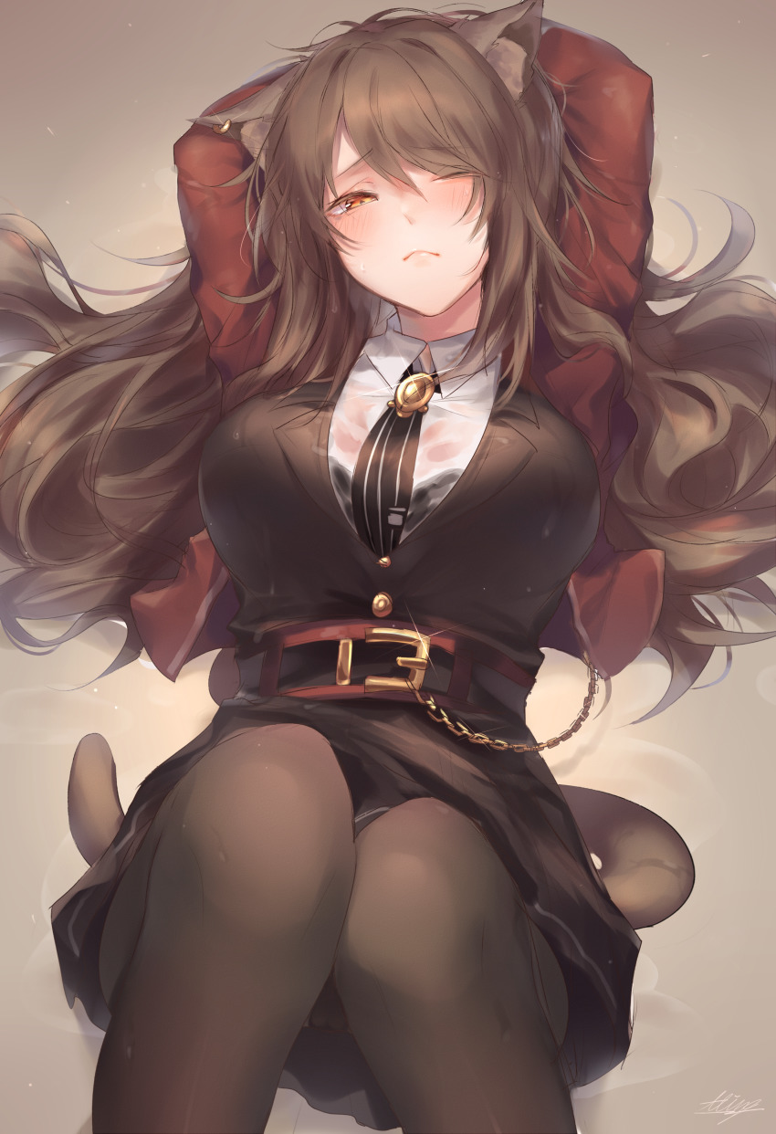 1girl absurdres allze animal_ears arknights arms_behind_head belt black_bra black_necktie black_pantyhose black_shirt black_skirt blush bra breasts brown_hair cat_ears cat_girl cat_tail chain commentary feet_out_of_frame frown half-closed_eyes highres jacket large_breasts long_hair looking_at_viewer necktie one_eye_closed orange_eyes pantyhose red_jacket see-through_clothes shirt skirt skyfire_(arknights) solo tail undershirt underwear vertical-striped_clothes vertical-striped_necktie wet wet_clothes wet_shirt white_shirt