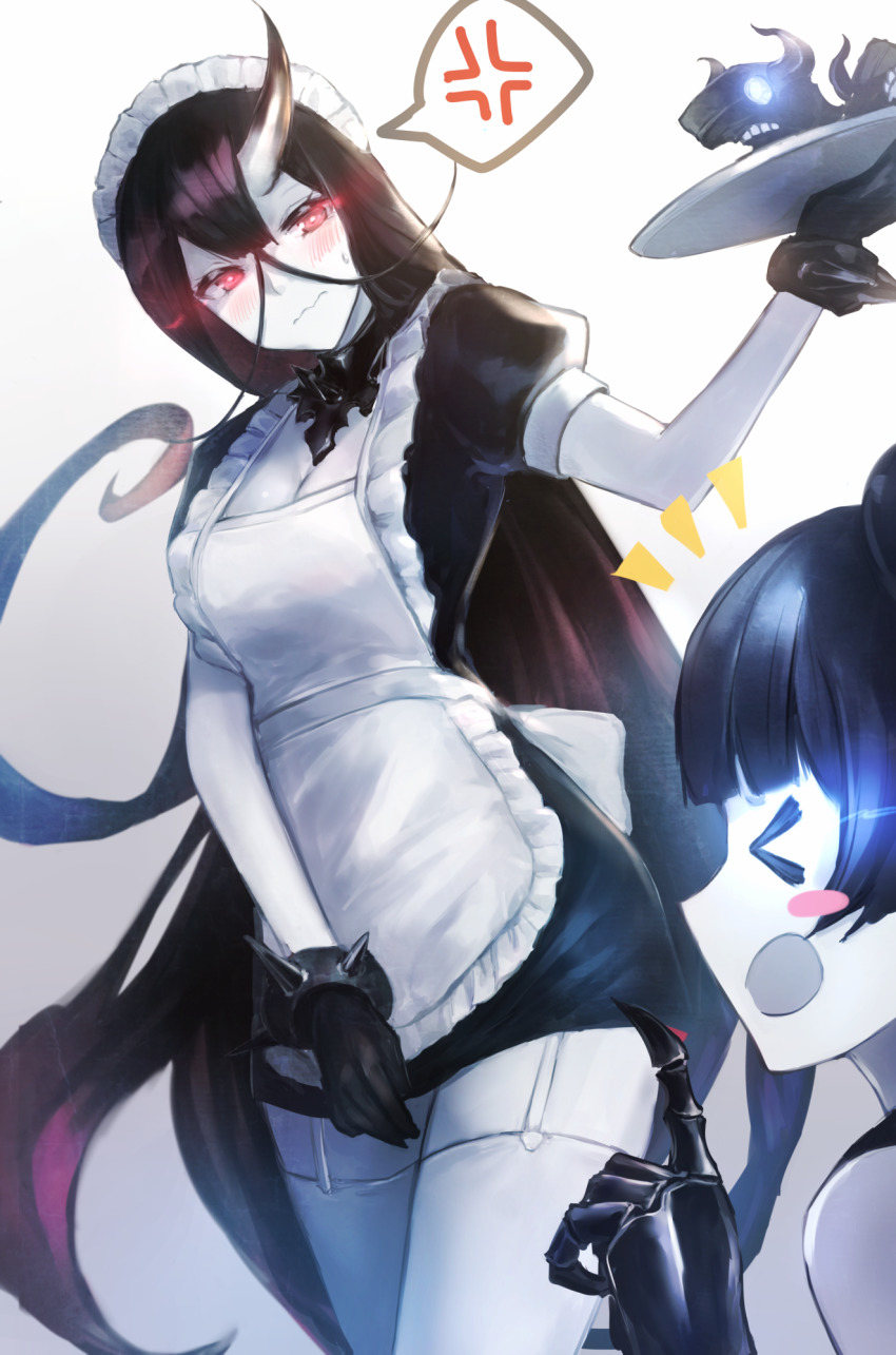 abyssal_ship alternate_costume apron bad_id bad_pixiv_id battleship_water_oni black_dress black_hair blush breasts colored_skin double_bun dress frills gauntlets gloves hair_between_eyes highres horns kantai_collection large_breasts light_cruiser_oni long_hair looking_at_viewer maid maid_apron maid_headdress multiple_girls open_mouth pt_imp_group red_eyes single_horn smile very_long_hair weasel_(close-to-the-edge) white_skin