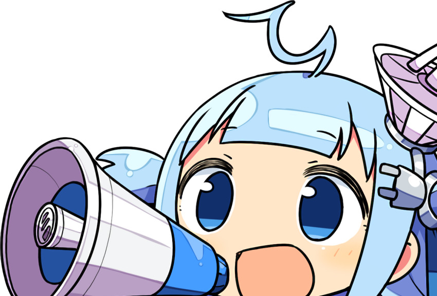1girl :d ahoge athena_(dlsite) blue_eyes blue_hair dlsite.com highres long_hair megaphone open_mouth satellite_dish smile solo two_side_up upper_body