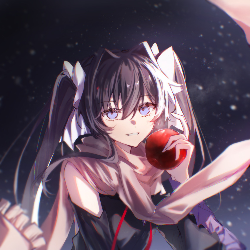 1girl apple arcaea black_dress black_hair blue_eyes bow brown_scarf commentary detached_sleeves dress food frilled_sleeves frills fruit grin hair_between_eyes hair_bow hair_intakes hand_up highres holding holding_food holding_fruit light_blush long_hair long_sleeves looking_at_viewer muonrei00 night outdoors scarf smile snowing solo symbol-only_commentary tairitsu_(arcaea) tairitsu_(reunion)_(arcaea) twintails upper_body white_bow wide_sleeves