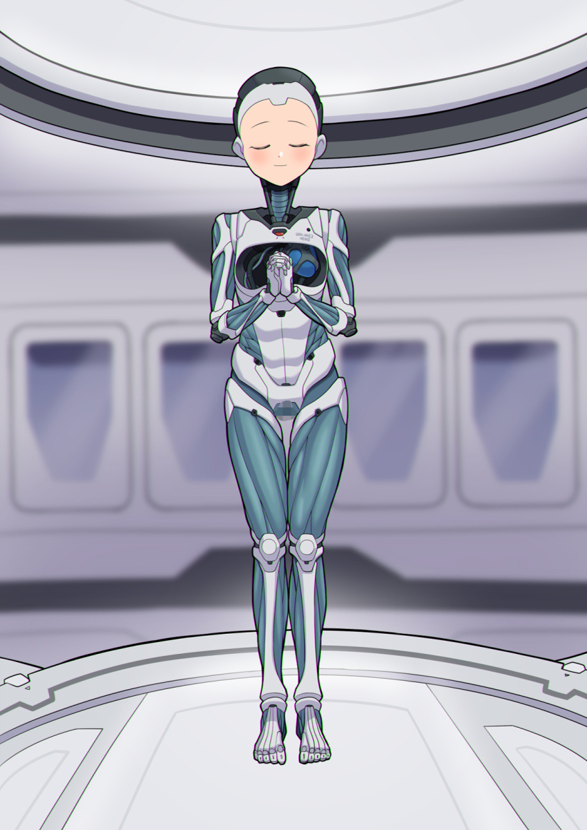 1girl android censored closed_eyes commission extreme_hearts factory full_body heart highres hypericum_(mppv1862) light_smile mechabare mechanical_arms mechanical_legs metal_skin mosaic_censoring nono_(extreme_hearts) praying robot_girl science_fiction skeb_commission skeleton solo standing
