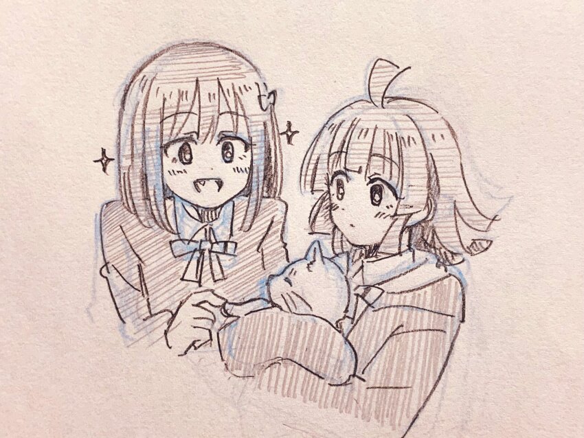 2girls :d absurdres ahoge animal blunt_bangs blunt_ends cat closed_mouth commentary expressionless fang graphite_(medium) greyscale hair_ribbon hanpen_(love_live!) highres holding holding_animal holding_cat jacket kishimen_hair looking_at_animal love_live! love_live!_nijigasaki_high_school_idol_club medium_hair mifune_shioriko monochrome multiple_girls nijigasaki_school_uniform open_mouth photo_(medium) ribbon school_uniform sleeves_past_fingers sleeves_past_wrists smile sparkle split_mouth symbol-only_commentary tennoji_rina traditional_media uron_(wrongly_18) winter_uniform