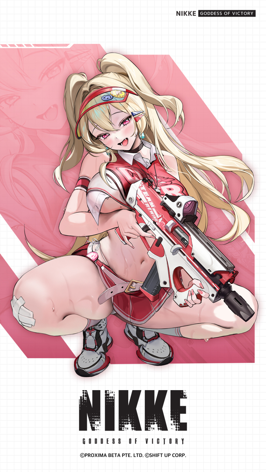 1girl bandage_on_knee bandage_on_leg bandages blonde_hair blush breasts cheerleader clay_(nikke) copyright_logo copyright_name copyright_notice crop_top fang full_body goddess_of_victory:_nikke grid_background gun hair_intakes highres lapel_pin large_breasts long_hair mikan03_26 mole mole_on_breast muzzle_device navel no_bra official_art open_mouth panties panty_straps pantyshot pleated_skirt red_eyes red_skirt shoes side-tie_panties skirt smile sneakers solo spread_legs squatting submachine_gun sweat underboob underwear very_sweaty visor_cap weapon weapon_request zoom_layer
