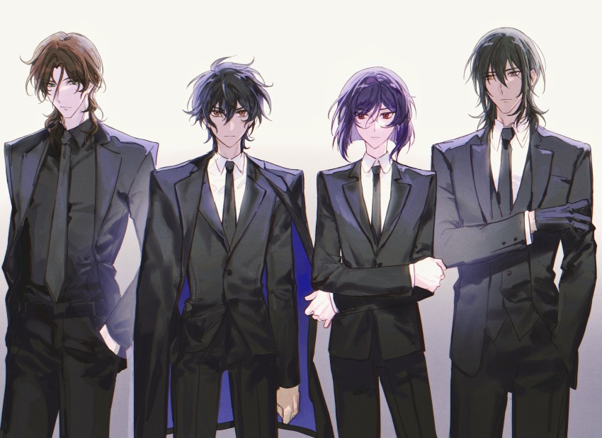 4boys absurdres allelujah_haptism alternate_costume arm_across_chest black_gloves black_hair black_jacket black_necktie black_pants black_shirt black_suit black_vest bob_cut chinese_commentary clenched_hand coat collared_shirt commentary_request crossed_arms formal_clothes gloves gradient_background grey_background gundam gundam_00 hand_in_pocket heterochromia highres jacket lockon_stratos long_hair looking_at_viewer male_focus multiple_boys naoki_(2rzmcaizerails6) necktie open_clothes open_jacket orange_eyes pants purple_hair red_eyes round_eyewear setsuna_f._seiei shirt standing suit suit_jacket tieria_erde two-sided_coat two-sided_fabric upper_body vest white_shirt wing_collar