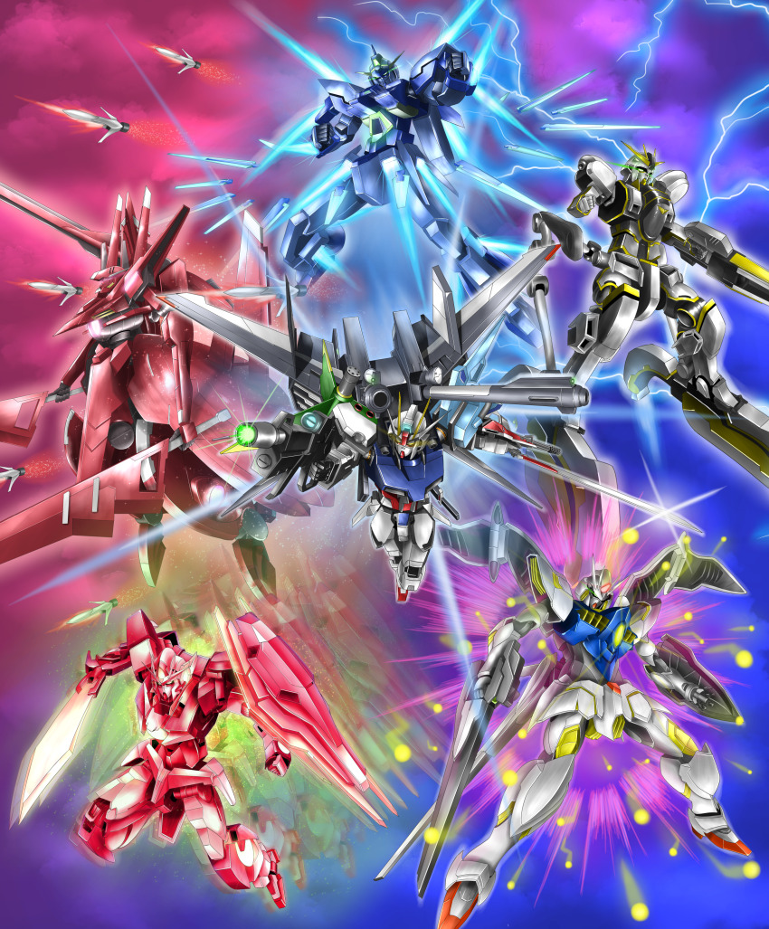 00_qan[t] absurdres atlas_gundam beam_rifle bit_(gundam) electricity energy_gun eye_trail funnels_(gundam) glowing glowing_eyes green_eyes gun gundam gundam_00 gundam_age gundam_age-fx gundam_extreme_vs. gundam_legilis gundam_seed gundam_thunderbolt highres holding holding_gun holding_sword holding_weapon humanoid_robot light_trail mecha mechanical_wings mobile_suit no_humans pink_eyes robot science_fiction shimashun strike_gundam sword trans-am v-fin weapon wings yellow_eyes