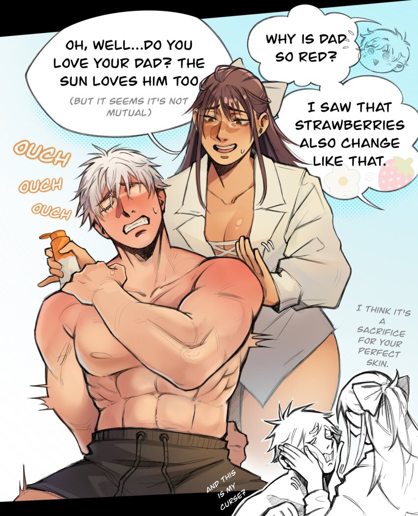1girl 2boys 50gryvnia abs behind_another biceps bow breasts brown_eyes brown_hair cleavage clenched_teeth closed_eyes commentary english_commentary english_text father_and_son gojou_satoru gradient_background grey_hair hair_bow hand_on_own_shoulder hands_on_another&#039;s_cheeks hands_on_another&#039;s_face highres husband_and_wife if_they_mated iori_utahime jujutsu_kaisen large_breasts long_hair looking_at_another lotion male_swimwear mother_and_son multiple_boys muscular muscular_male scar scar_on_face scar_on_nose shirt short_hair speech_bubble sunburn sunscreen sweatdrop swim_trunks teeth topless_male white_bow white_shirt