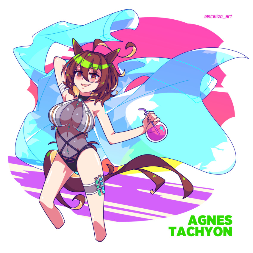 1girl agnes_tachyon_(umamusume) ahoge animal_ears arm_up bare_shoulders bikini black_bikini breasts brown_hair character_name cleavage commentary_request cork cowboy_shot cross-laced_bikini cross-laced_clothes cup flask hair_between_eyes highres holding holding_cup horse_ears horse_girl horse_tail large_breasts open_mouth red_eyes round-bottom_flask scalizo short_hair simple_background smile solo swimsuit tail test_tube thigh_strap twitter_username umamusume white_background