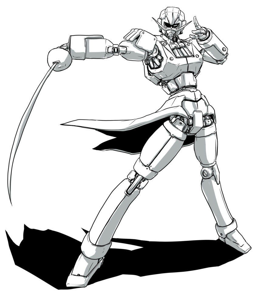 alternate_form bow bowtie butler_bensouman commentary_request epaulettes facial_hair full_body g_gundam gundam highres holding holding_sword holding_weapon joints ledjoker07 mecha mobile_suit monochrome mustache no_humans no_pupils partially_shaded_face rapier robot robot_joints science_fiction shadow simple_background solo standing sword vest waistcoat weapon white_background
