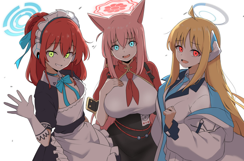 3girls :d alternate_costume alternate_hairstyle amogan animal_ears aoyama_yoshino apron aqua_eyes asuna_(blue_archive) asuna_(blue_archive)_(cosplay) blazer blonde_hair blue_archive blue_bow blue_bowtie blue_halo blue_necktie bocchi_the_rock! bow bowtie breasts chinese_clothes coat collared_shirt commentary_request cosplay detached_collar earpiece elbow_gloves flat_chest fox_ears fox_girl frilled_apron frills gloves glowing glowing_eyes gotoh_hitori green_eyes hair_between_eyes half_updo halo hasegawa_ikumi headgear highres id_card ijichi_nijika jacket kemonomimi_mode kita_ikuyo large_breasts long_hair long_sleeves maid maid_apron maid_headdress multiple_girls neckerchief necktie noa_(blue_archive) noa_(blue_archive)_(cosplay) open_clothes open_coat open_mouth pink_hair puffy_short_sleeves puffy_sleeves red_eyes red_hair red_halo red_neckerchief rumi_(blue_archive) rumi_(blue_archive)_(cosplay) school_uniform shirt short_sleeves sidelocks simple_background smile suzushiro_sayumi voice_actor_connection waist_apron waving white_apron white_background white_coat white_gloves white_halo white_jacket