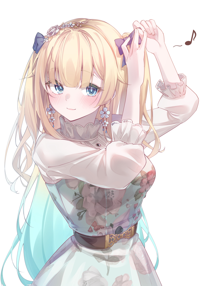 1girl absurdres aizawa_ema aizawa_ema_(3rd_costume) belt blue_eyes blunt_bangs bow collared_dress cowboy_shot dress earrings floral_print floral_print_dress flower flower_earrings gradient_hair hair_bow hair_flower hair_ornament highres jewelry kurumi_tsuchi lace-trimmed_collar lace-trimmed_sleeves lace_trim long_hair long_sleeves multicolored_hair musical_note print_dress puffy_long_sleeves puffy_sleeves sidelocks simple_background solo swept_bangs three-quarter_sleeves two_side_up tying_hair virtual_youtuber vspo! white_background