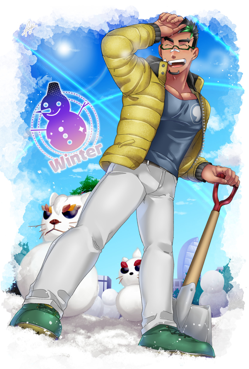 1boy ^_^ alternate_costume bandaid bandaid_on_face bandaid_on_nose bara blue_shirt closed_eyes denim closed_eyes facial_hair fujishima_kazuya full_body glasses goatee green_hair grey_pants highres jacket jeans kyoichi_(live_a_hero) live_a_hero male_focus multicolored_hair muscular muscular_male open_clothes open_jacket pants pectoral_cleavage pectorals shirt shoes short_hair sideburns sneakers snow snowman solo spade streaked_hair thick_eyebrows white_pants