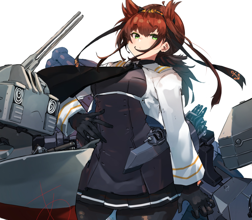 1girl adapted_turret anchor_symbol anti-aircraft anti-aircraft_gun black_bodysuit black_headband black_scarf black_skirt bodysuit breasts brown_eyes brown_hair cannon chou-10cm-hou-chan_(hatsuzuki&#039;s) clothes_writing corset dress grey_dress hachimaki hair_flaps hatsuzuki_(kancolle) hatsuzuki_kai_ni_(kancolle) headband highres jacket kantai_collection looking_at_viewer machinery medium_breasts neckerchief pleated_skirt scarf ship_turret short_hair skirt solo sunday_aki white_jacket yellow_eyes