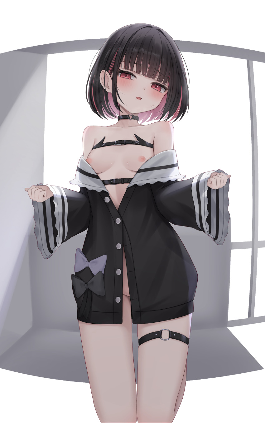 1girl absurdres bare_shoulders belt black_belt black_bow black_cardigan black_choker black_hair blue_bow blunt_bangs bottomless bow breasts cardigan choker colored_inner_hair commentary_request fang head_tilt highres indie_virtual_youtuber indoors kneeling light_blush long_sleeves looking_at_viewer multicolored_hair naked_cardigan nipples no_bra open_cardigan open_clothes parted_lips red_eyes rikotan_(vtuber) short_hair small_breasts solo thigh_strap twinn_22 virtual_youtuber wide_sleeves