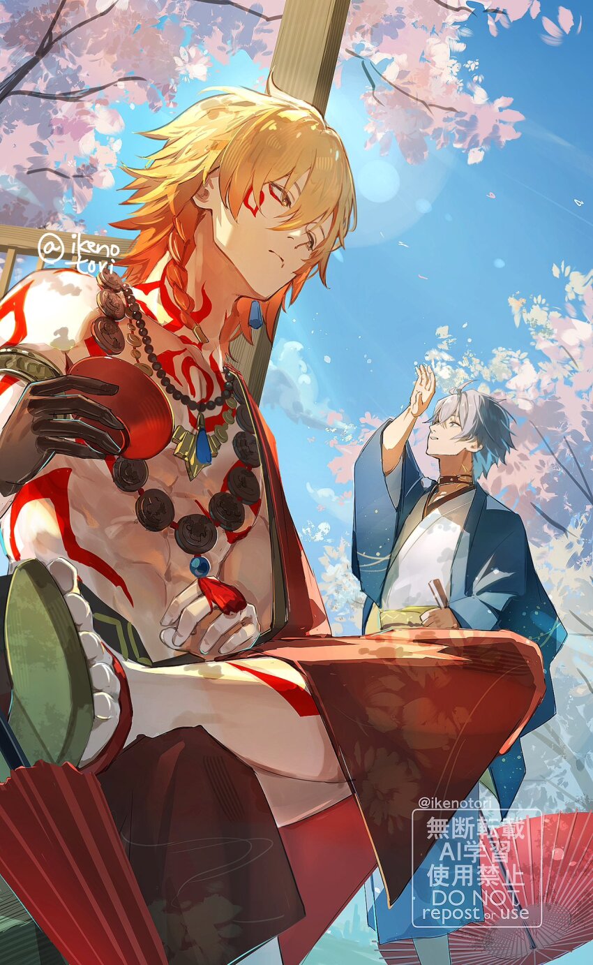 2boys antenna_hair bead_necklace beads black_choker black_gloves blonde_hair blue_coat blue_eyes blue_sky braid cherry_blossoms chest_tattoo choker coat commentary_request cup facial_tattoo figure_four_sitting gloves gradient_hair hair_between_eyes highres holding holding_cup honkai:_star_rail honkai_(series) japanese_clothes jewelry kimono leg_tattoo looking_at_another looking_up male_focus medium_hair multicolored_hair multiple_boys mydei_(honkai:_star_rail) necklace open_clothes open_kimono phainon_(honkai:_star_rail) red_hair red_kimono red_tattoo short_hair side_braid sitting sky suirandanshihao tassel tattoo white_hair white_kimono