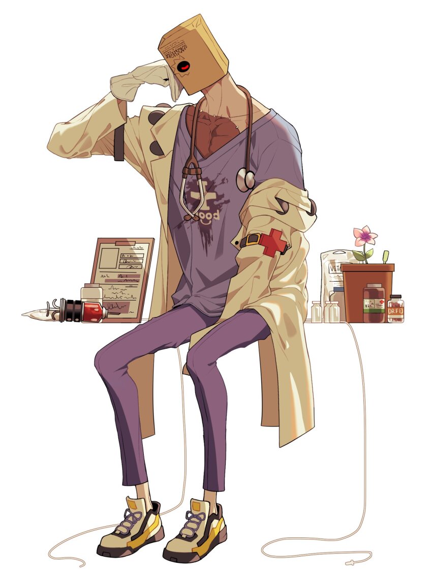 1boy arm_belt bag bag_on_head belt belt_buckle black_belt blue_pants blue_shirt buckle closed_eyes collarbone commentary cross english_commentary faust_(guilty_gear) flower full_body gloves guilty_gear guilty_gear_strive head_rest highres lapels male_focus medical_scrubs notched_lapels one_eye_closed one_eye_covered pants paper_bag pill pill_bottle pink_flower plant potted_plant red_cross shirt shoes simple_background sitting sneakers solo staple stethoscope stethoscope_around_neck syringe tall_male v-neck white_background white_gloves yeji36