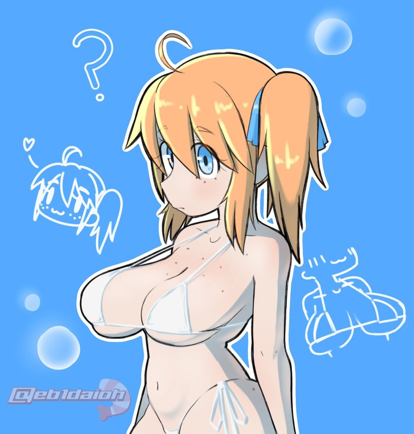 1girl ? ahoge bikini blue_background blue_eyes blue_ribbon breasts bubble cleavage closed_mouth collarbone freckles freckles_on_breasts from_side hair_ribbon highres large_breasts long_hair looking_at_viewer madmex navel orange_hair original outline ponytail ribbon swimsuit watermark white_bikini white_outline white_ribbon