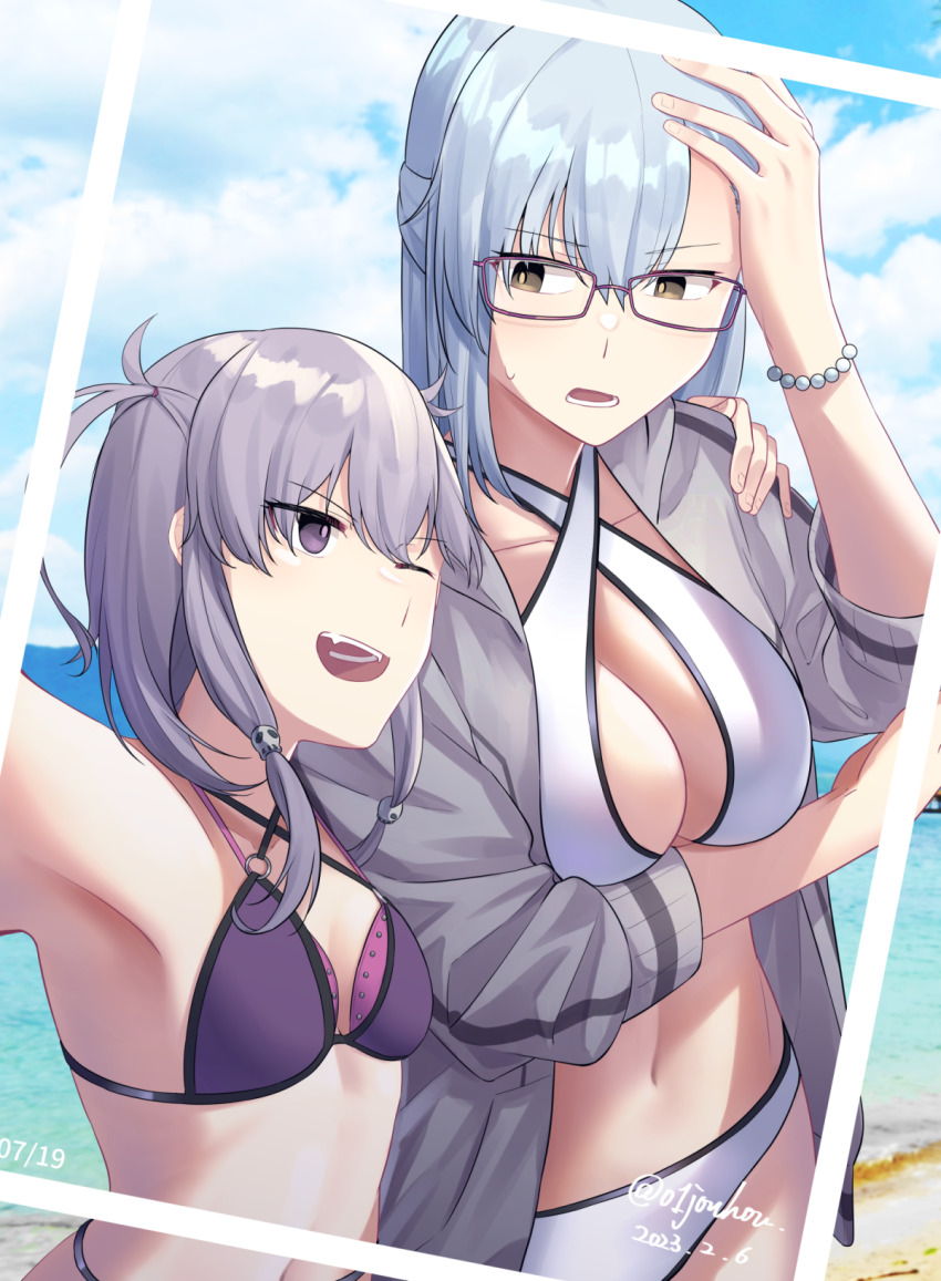 2girls arm_under_breasts armpits beach bead_bracelet beads bikini blue_hair blue_sky border bracelet breasts brown_eyes cleavage cloud collarbone commentary_request dated day glasses grey_hair grey_jacket hair_between_eyes half_updo hand_on_own_head height_difference highres jacket jewelry jouhou kitora_mirja large_breasts long_hair long_sleeves looking_at_another medium_hair multiple_girls navel ocean one_eye_closed open_clothes open_jacket open_mouth outdoors purple_bikini purple_eyes shichinosato_kofuki sidelocks sky small_breasts smile standing stomach swimsuit toji_no_miko twitter_username v-shaped_eyebrows water white_bikini white_border