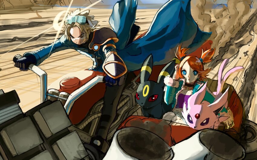 1boy 1girl absurdres awesomeerix black_choker black_pants blonde_hair blue_coat blue_eyes blue_jacket choker coat desert driving dust_cloud espeon eyewear_on_head facepaint gen_2_pokemon highres hover_bike jacket long_sleeves nintendo orange_hair pants pokemon pokemon_(creature) pokemon_colosseum purple_shirt rui_(pokemon) shirt snag_machine twintails umbreon wes_(pokemon)