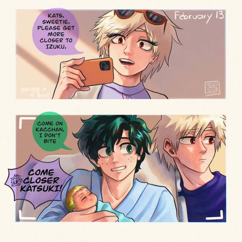 2boys angry baby bakugou_katsuki bakugou_mitsuki bed blonde_hair boku_no_hero_academia bones_(company) cellphone child freckles green_eyes green_hair hospital hospital_bed messy_hair midoriya_izuku multiple_boys omegaverse phone recording red_eyes shirt shounen_jump smile spiked_hair toddler yaoi
