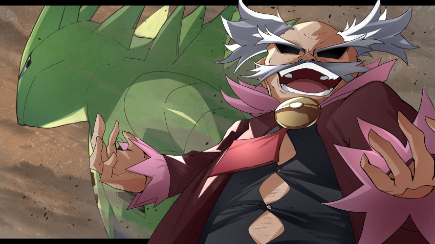 1boy absurdres balding black_sclera black_shirt closed_mouth colored_sclera evice_(pokemon) evil_smile facial_hair gen_2_pokemon grey_hair highres jacket long_sleeves male_focus mustache necktie nintendo no_pupils old old_man open_clothes open_jacket open_mouth pokemon pokemon_(creature) pokemon_colosseum red_jacket red_necktie sandstorm shirt short_hair smile spoilers teeth tyranitar upper_body v-shaped_eyebrows v-shaped_eyes zeroartwo