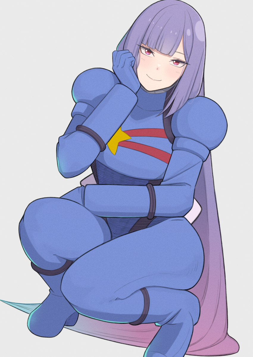 1girl blue_bodysuit bodysuit gradient_hair gundam gundam_zz highres konishiki_(52siki) long_hair looking_at_viewer multicolored_hair purple_eyes red_eyes roux_louka smile solo star_(symbol) star_print very_long_hair white_background