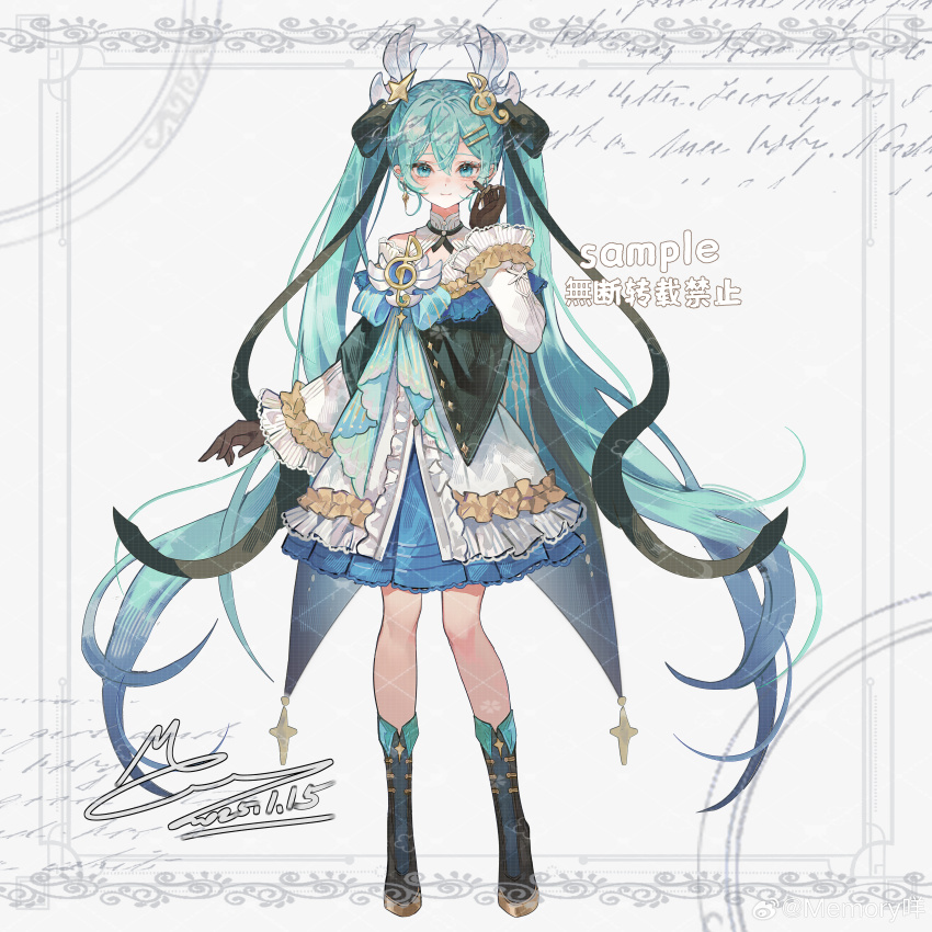 1girl absurdly_long_hair absurdres aqua_hair bare_shoulders black_boots black_bow black_cape black_capelet black_gloves blue_bow blue_bowtie blue_cape blue_eyes blue_skirt boots bow bowtie cape capelet chinese_commentary closed_mouth coat commentary_request commission dated dress earrings eyelashes fortissimo frilled_capelet frilled_sleeves frills full_body gloves grey_background hair_between_eyes hair_bow hair_ornament hairclip hand_on_own_cheek hand_on_own_face hatsune_miku highres jewelry lace lace-trimmed_skirt lace-trimmed_sleeves lace_trim long_hair long_sleeves memory_mie miniskirt musical_note musical_note_hair_ornament outside_border picture_frame pleated_skirt sample_watermark short_dress signature skirt skirt_under_dress smile solo standing star_(symbol) star_earrings star_hair_ornament striped_bow striped_bowtie striped_clothes treble_clef twintails two-sided_coat two-sided_fabric vertical-striped_cape very_long_hair vocaloid watermark watermark_grid white_dress wing_hair_ornament
