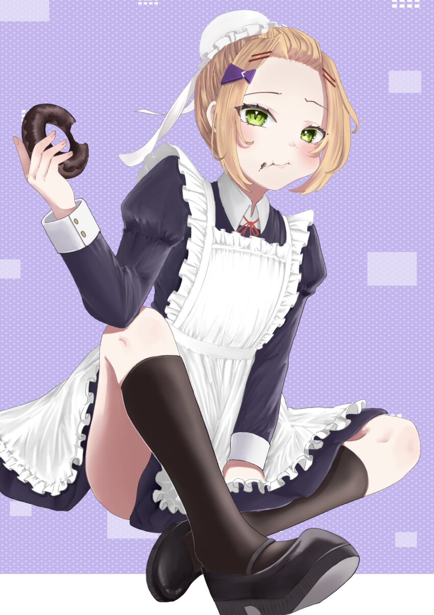 ahoge alternate_costume apron blonde_hair bow_hairband breasts brown_hair chocolate_donut donut enmaided food frilled_apron frills green_eyes green_hair hair_bun hair_ornament hairband heaven_burns_red highres maid maid_apron maid_headdress monakayukimochi multiple_girls ooshima_yotsuha short_hair siblings sisters skirt waist_apron white_apron