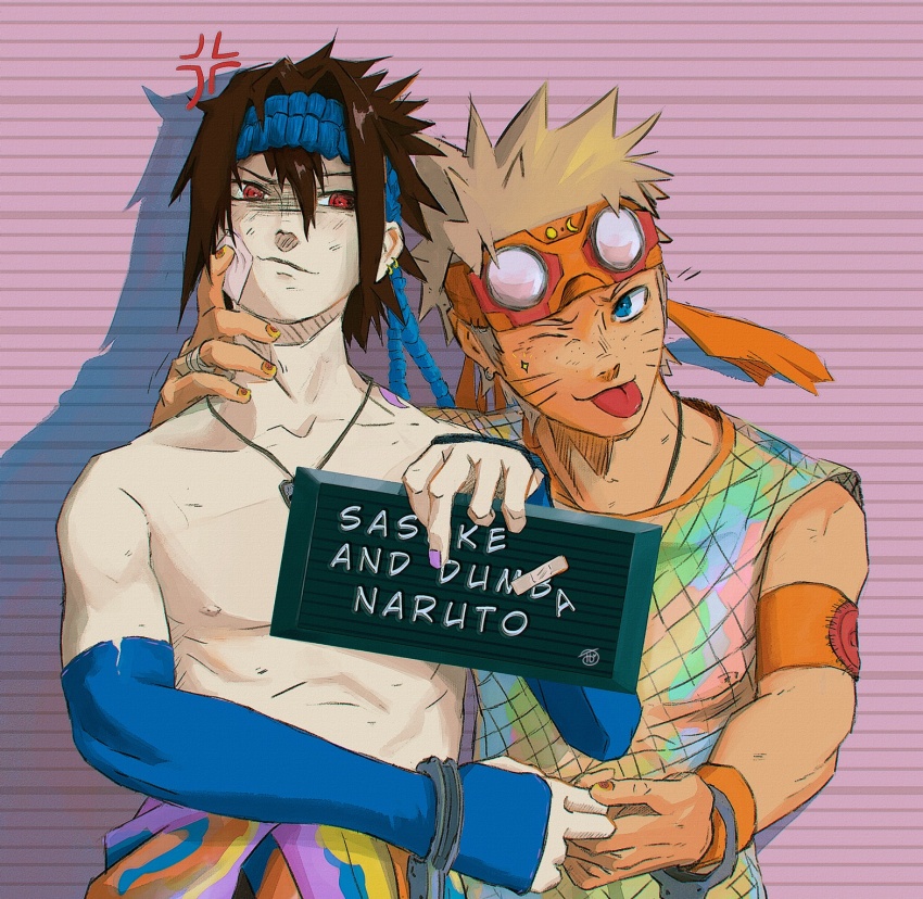 2boys armband barbie_mugshot_(meme) black_hair blonde_hair blue_eyes cuffs facial_mark handcuffs highres meme multiple_boys nail_polish naruto_(series) naruto_shippuuden orange_armband red_eyes sharingan tamelee tongue tongue_out topless_male uchiha_sasuke uzumaki_naruto whisker_markings