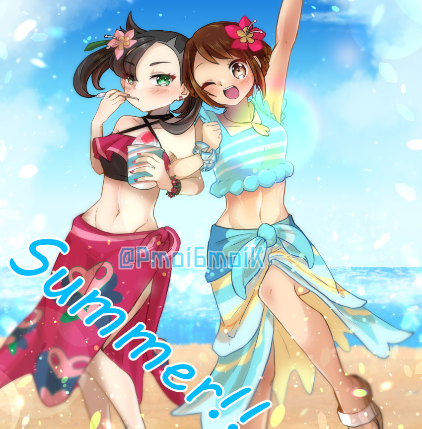 2girls aqua_bikini aqua_eyes aqua_sarong arm_above_head arm_hug armpits artist_name artist_request asymmetrical_bangs beach bikini black_hair braid breasts brown_eyes brown_hair child clenched_hand clenched_hands collarbone day eating expressionless eyelashes feet female_focus fingernails flower flower_on_head food friends gloria_(pokemon) gloria_(summer_2021)_(pokemon) groin hair_ornament halterneck hand_up hands_up happy highres holding holding_food jewelry knee_up legs light_blush long_hair looking_at_viewer marnie_(pokemon) marnie_(summer_2021)_(pokemon) matching_hair/eyes medium_hair midriff multicolored_bikini multiple_girls nail_polish navel neck necklace nintendo ocean official_alternate_costume official_alternate_hairstyle one_eye_closed open_mouth outdoors parted_lips pink_bikini pink_nails pink_sarong pokemon pokemon_masters_ex print_bikini print_sarong sandals sarong scrunchie shaved_ice sidelocks sky small_breasts standing standing_on_one_leg summer sunlight swept_bangs swimsuit thighs twintails two-tone_bikini undercut waving wink wrist_scrunchie wristband