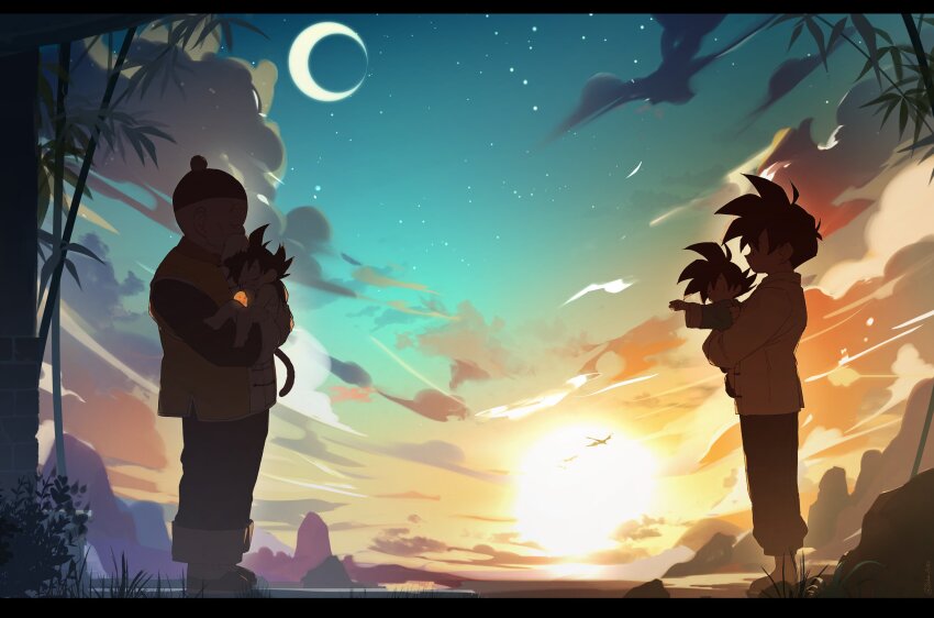 4boys absurdres aqua_sky bamboo bamboo_forest black_pants brick_wall brothers bush carrying child_carry chinese_clothes closed_eyes cloud cloudy_sky contrail crescent_moon dark_clouds dragon_ball dragon_ball_(classic) dragon_ball_(object) dragonball_z facial_hair forest from_side glowing gradient_sky grandfather_and_grandson grandpa_gohan grass green_headwear green_sky hat highres horizon house landscape leaf letterboxed long_sleeves looking_at_another male_focus messy_hair monkey_tail moon mountain mountainous_horizon multiple_boys mustache nature old old_man orange_sky outdoors outstretched_hand pants parted_lips pom_pom_(clothes) profile rock roku_(roku_0141) rooftop shoes siblings sky sleeping son_gohan son_goku son_goten standing star_(sky) starry_sky sun sunlight sunset tail thick_eyebrows time_paradox toggles wide_shot wide_sleeves yellow_sky