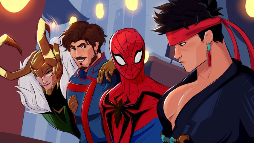 animification avengers_(series) black_hair bodysuit brown_hair closed_mouth facial_hair fur_trim green_eyes guardians_of_the_galaxy highres horns iron_fist_(marvel) jacket loki_(marvel) looking_at_another looking_at_viewer male_focus marvel marvel_cinematic_universe marvel_rivals mask medium_hair meme multiple_boys muscular muscular_male peter_quill red_bodysuit shirt short_hair smile spider-man spider-man_(series) spider_web_print superhero_costume two-tone_bodysuit uncletonyfag yaoi