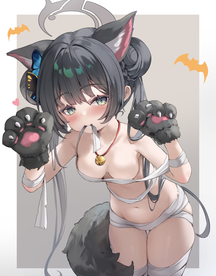 1girl absurdres alternate_eye_color animal_ear_fluff animal_ears animal_gloves animal_hands bandage_in_mouth bandage_on_chest bandaged_arm bandaged_chest bandaged_leg bandaged_waist bandages bare_shoulders bell black_hair blue_archive blush braid braided_bun breasts butterfly_hair_ornament cat_ears cat_paws cat_tail chest_sarashi claw_pose closed_mouth collarbone dot_nose double_bun extra_ears fake_animal_ears fake_tail gloves green_eyes grey_halo groin hair_bun hair_ornament hair_over_shoulder halloween halo hands_up heart highres jingle_bell kemonomimi_mode kisaki_(blue_archive) leaning_forward loli long_hair looking_at_viewer minttea mouth_hold naked_bandage navel neck_bell paw_gloves sarashi small_breasts smile solo standing tail thigh_gap thighs twintails very_long_hair