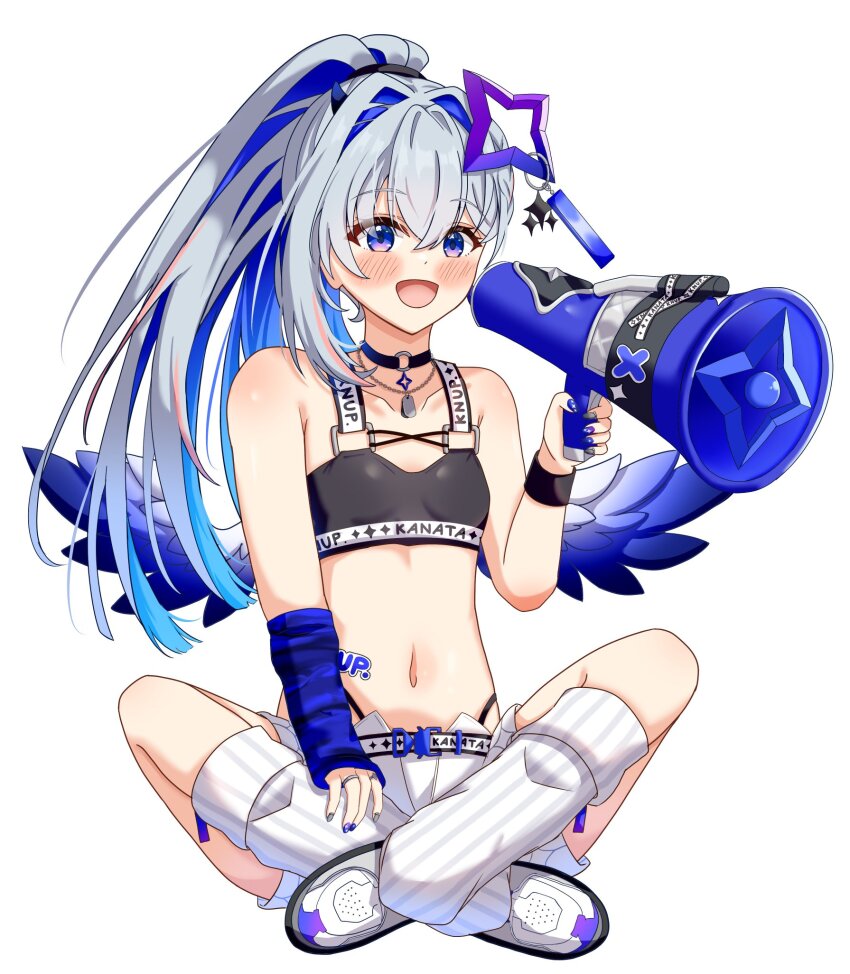 1girl :d akagawashake amane_kanata amane_kanata_(lock_on) arm_warmers black_sports_bra blue_arm_warmers blue_eyes blue_hair blue_streaks blue_trim blue_wings blush braid choker colored_inner_hair earrings fake_horns gradient_wings grey_hair hair_intakes hairband halo highres holding holding_megaphone hololive horn_hairband jewelry long_hair looking_at_viewer megaphone mini_wings multicolored_hair multicolored_wings nail_polish navel o-ring o-ring_choker official_alternate_costume open_mouth panty_straps pink_streaks ponytail purple_eyes quilted_jacket ribbed_leg_warmers ring shoes shorts sig_sauer single_arm_warmer smile sneakers solo sports_bra star_halo streaked_hair virtual_youtuber white_shoes wings