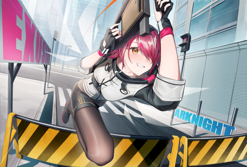 1girl absurdres arknights black_pantyhose black_shoes black_shorts breasts character_name city commentary copyright_name energy_wings english_commentary exusiai_(arknights) grin gun hair_over_one_eye highres holding holding_gun holding_weapon jacket kriss_vector looking_ahead outdoors pantyhose r_oot red_hair road roadblock running shoes short_hair short_shorts shorts small_breasts smile sneakers solo submachine_gun weapon white_jacket yellow_eyes